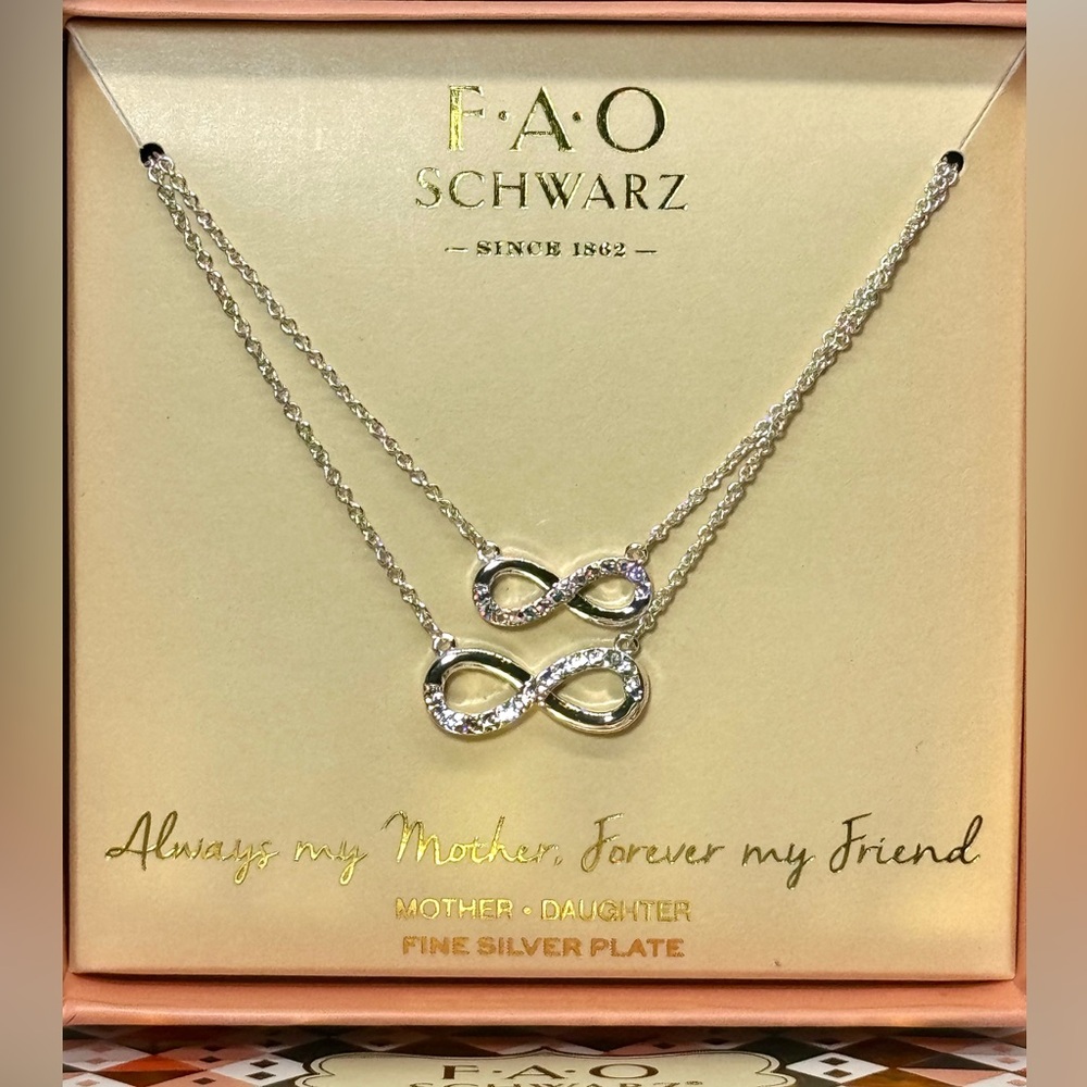 FAO Schwarz Fine Silver Plate Crystal Infinity Necklace Set Mother Daughter